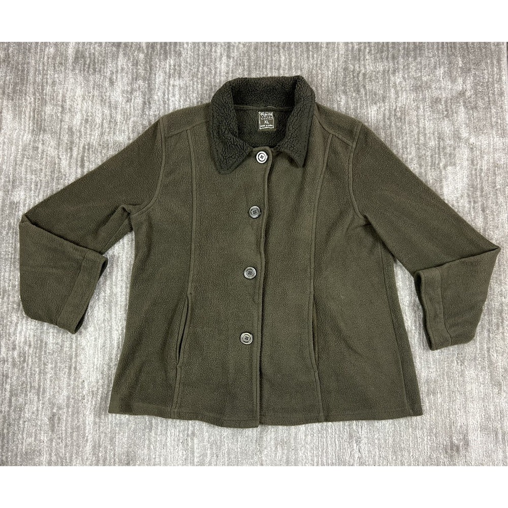 Three Hearts Fleece Jacket Womens XL Olive Green Sherpa Collar Button Front Coat